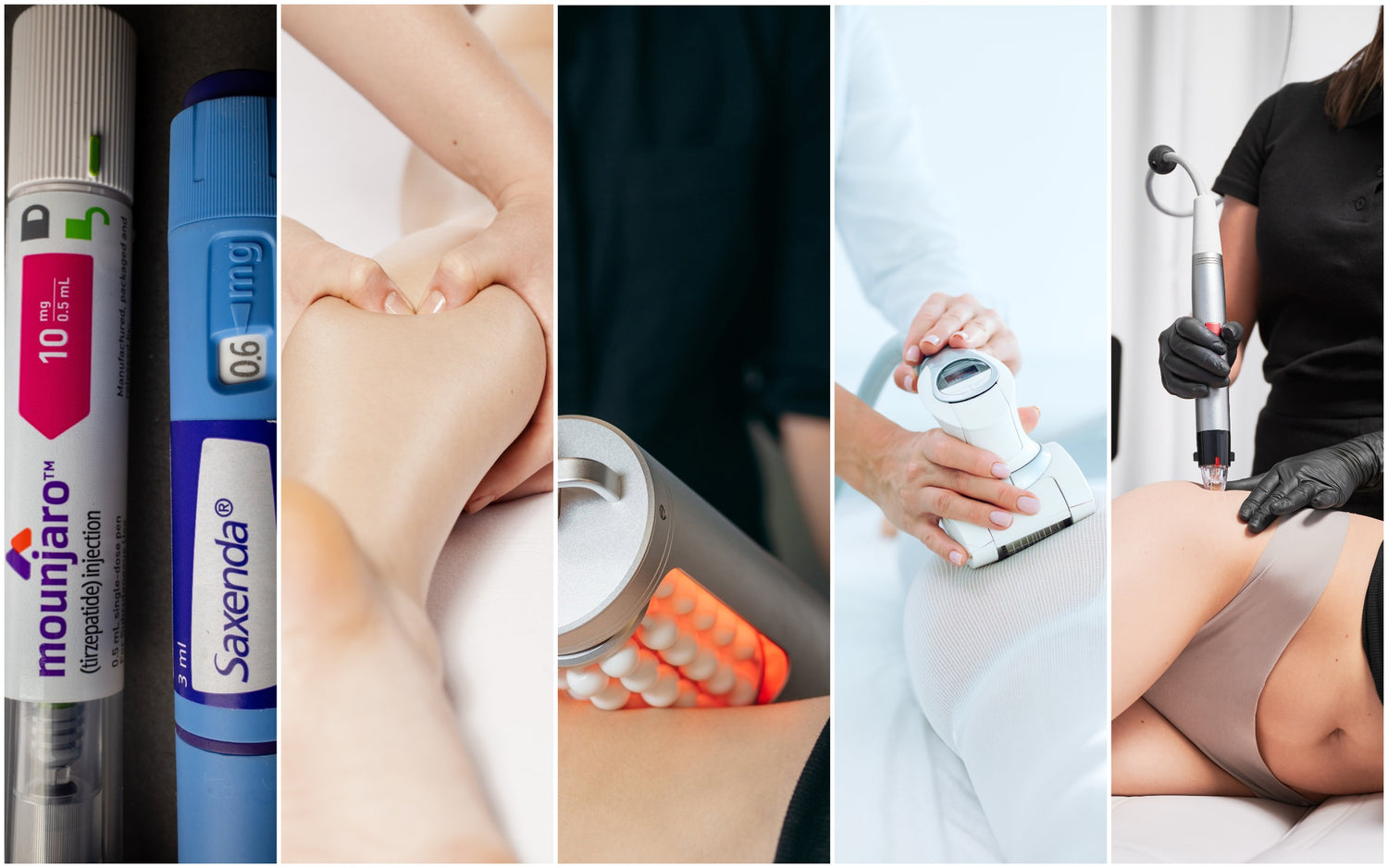 Aesthetic collage showing five-step transformation: abdominal weight-loss injection, lymphatic drainage on legs, Endosphères therapy, LPG Endermologie, and RF with ultrasound on waist – visual summary of a comprehensive body slimming journey