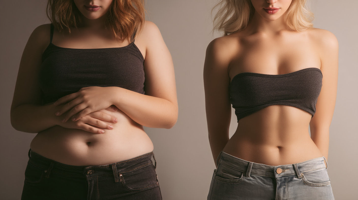 Side-by-side image of the same woman before and after weight loss – on the left, visible belly fat and tight jeans; on the right, toned waist and slimmer hips in fitted jeans, showing dramatic transformation