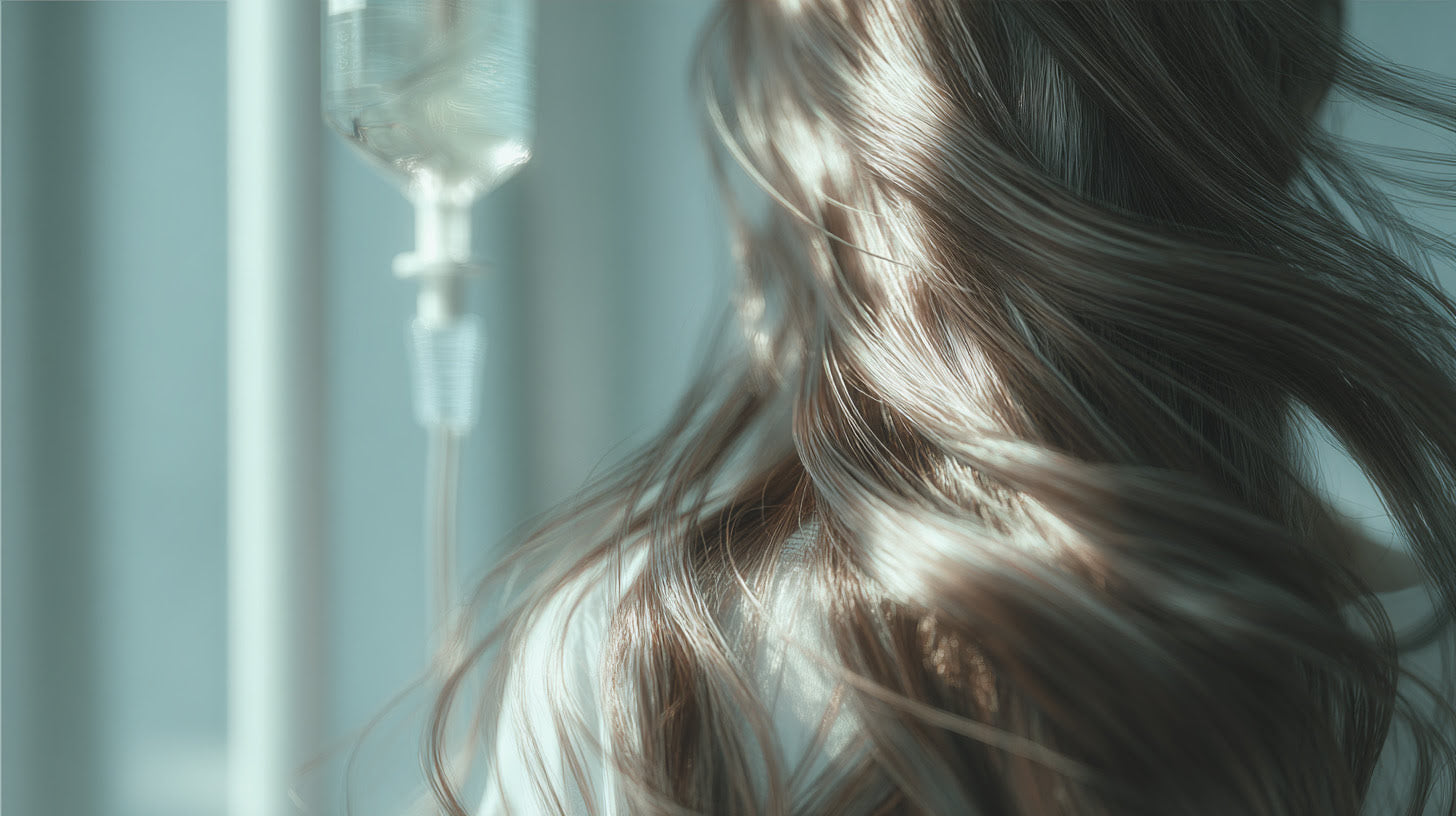 Shiny, healthy hair strands cascading in sharp focus, with a softly blurred intravenous drip bag and tubing visible in the bright, clean clinical background, symbolizing hair rejuvenation treatment