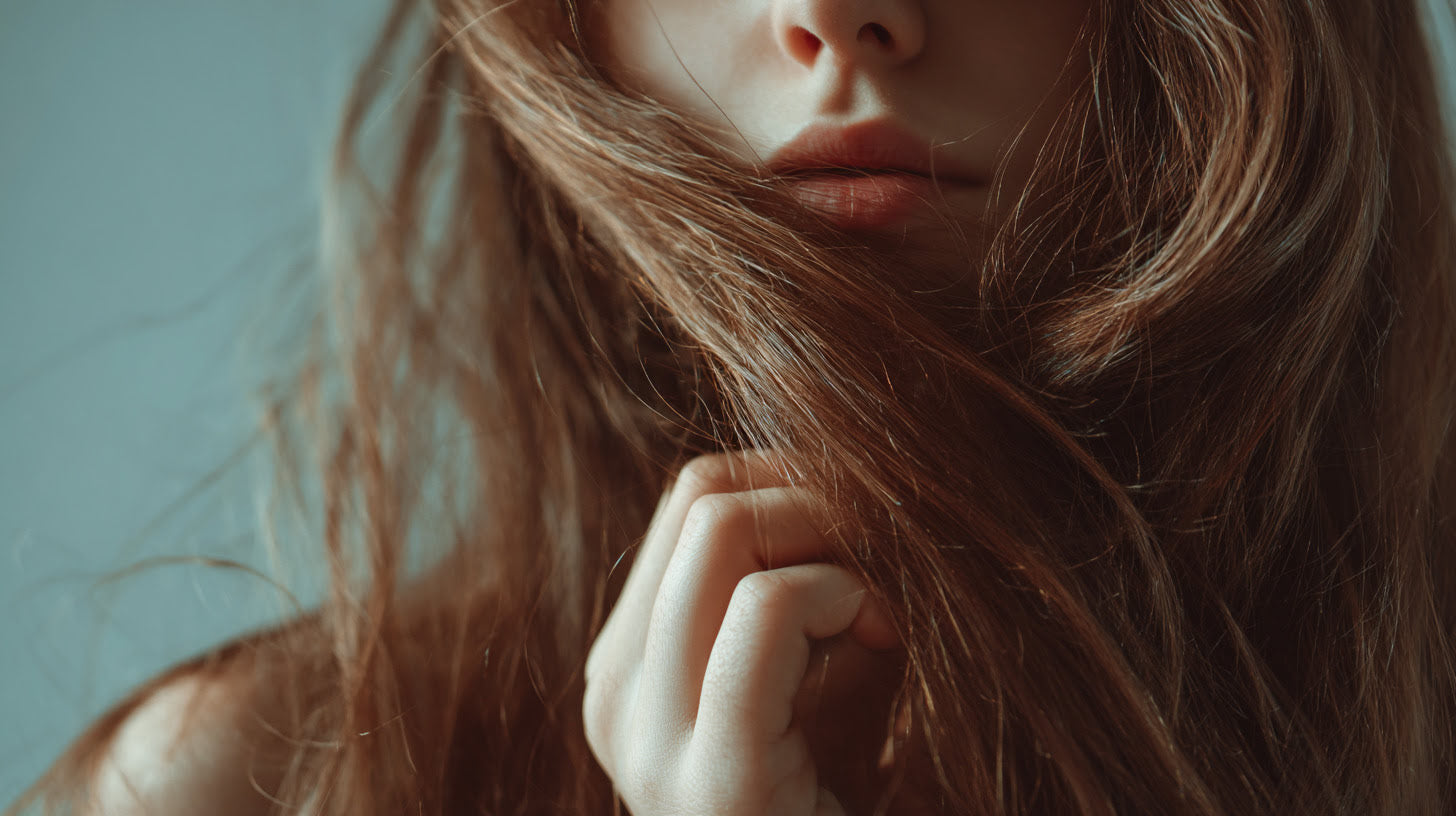 Macro image of thick, shiny hair strands being gently brushed, with no visible breakage or split ends, symbolising stronger, healthier hair supported by targeted nourishment and treatment