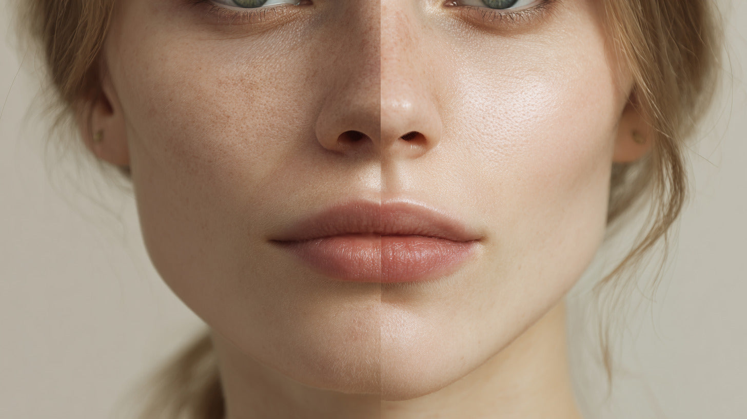 A split-image close-up of facial skin showing a clear contrast: one side with rough texture, enlarged pores, and uneven tone, and the other side smooth, refined, and radiant—highlighting the visible results of RF Microneedling treatment.