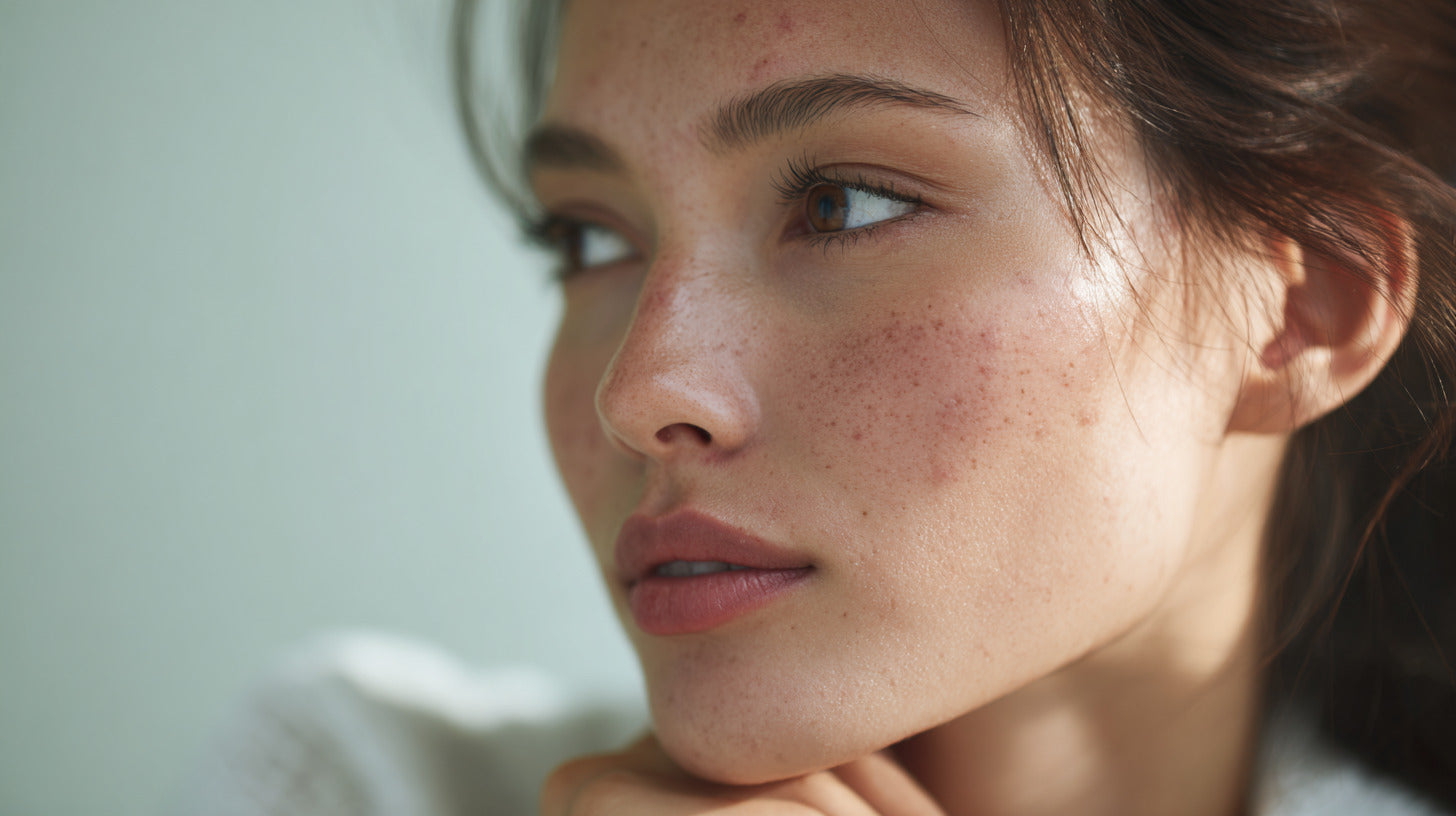 A close-up of a woman’s face showing visible skin imperfections such as acne scarring, enlarged pores, uneven texture, and early facial sagging—common concerns effectively treated with RF Microneedling.