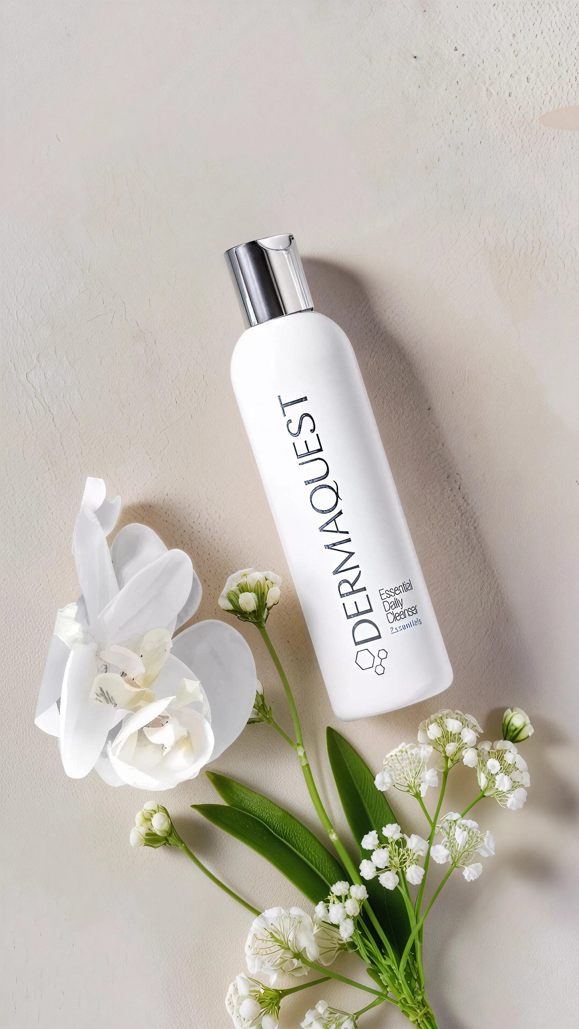 Dermaquest bottle with white flowers on a light background