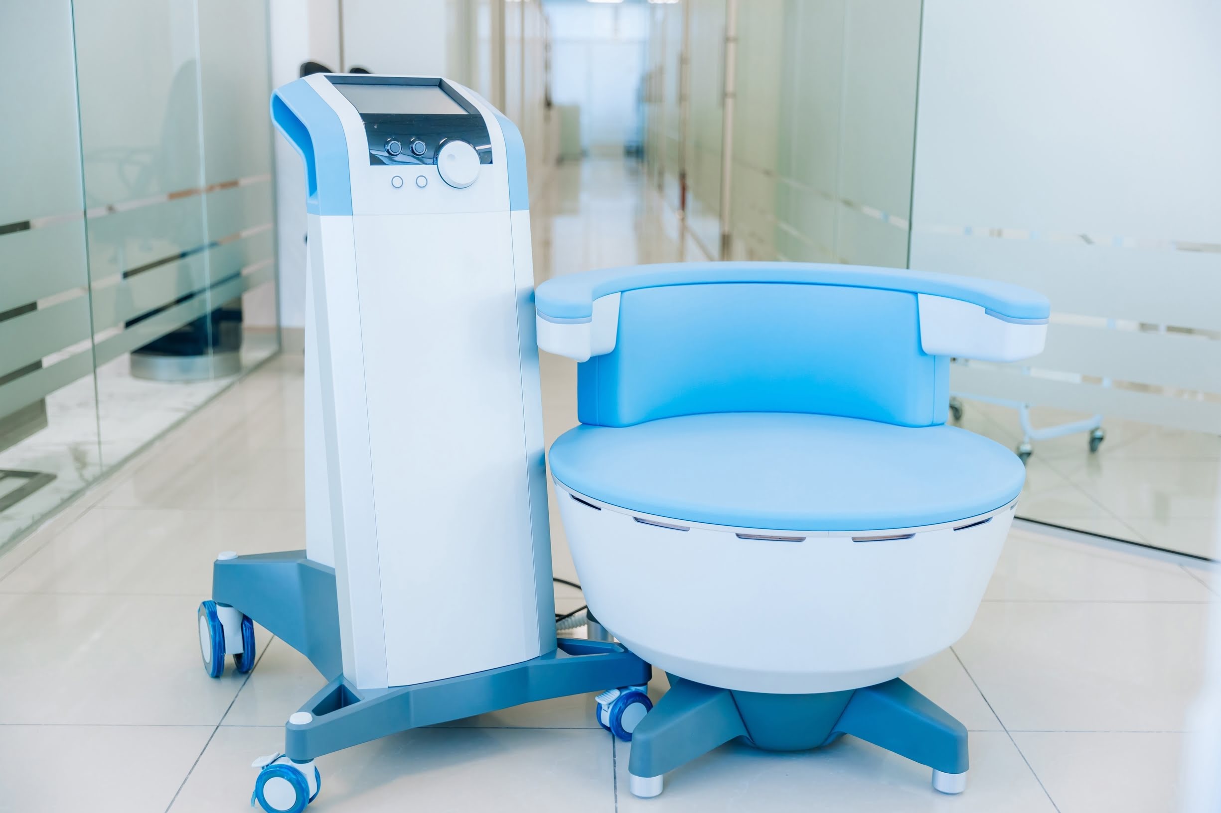 BTL Emsella medical chair and control unit displayed in a modern clinical setting, showcasing the non-invasive technology used for pelvic floor muscle stimulation and vaginal rejuvenation.