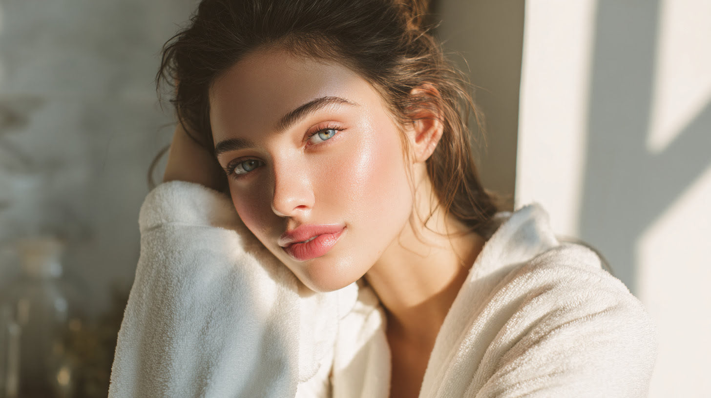 Beautiful woman with glowing skin and healthy hair sitting in natural light, wearing a white robe and looking serene — a visual result of IV drip therapy for wellness and aesthetic support