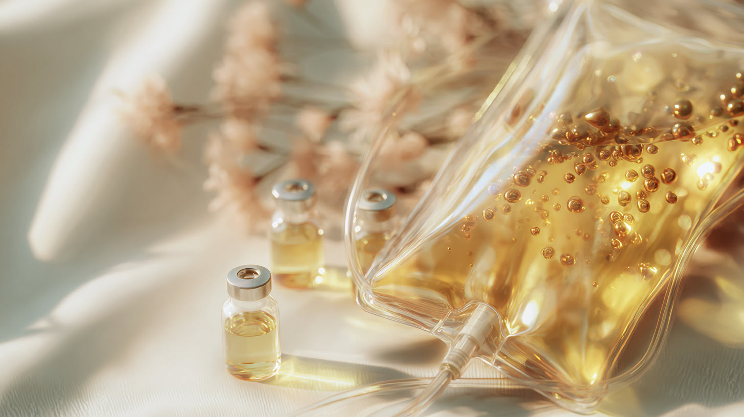 Close-up of glass ampoules labeled with vitamins C, B12, and minerals beside a transparent IV drip bag filled with golden liquid — displayed on a clean white tray in a minimal clinical environment