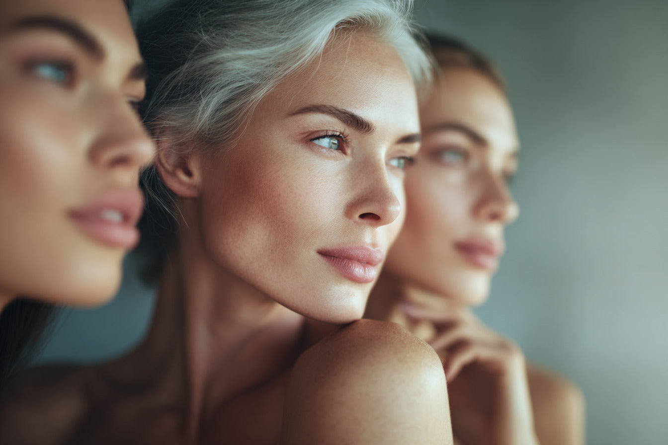 Three women of different ethnicities with radiant, firm skin in a modern clinic setting, showing signs of natural rejuvenation after RF and ultrasound skin tightening treatment